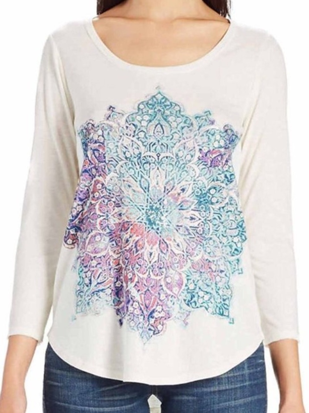 Lucky Brand NWT Cream Boho Graphic Print 3/4 Sleeve Scoop Neck Tee XXL